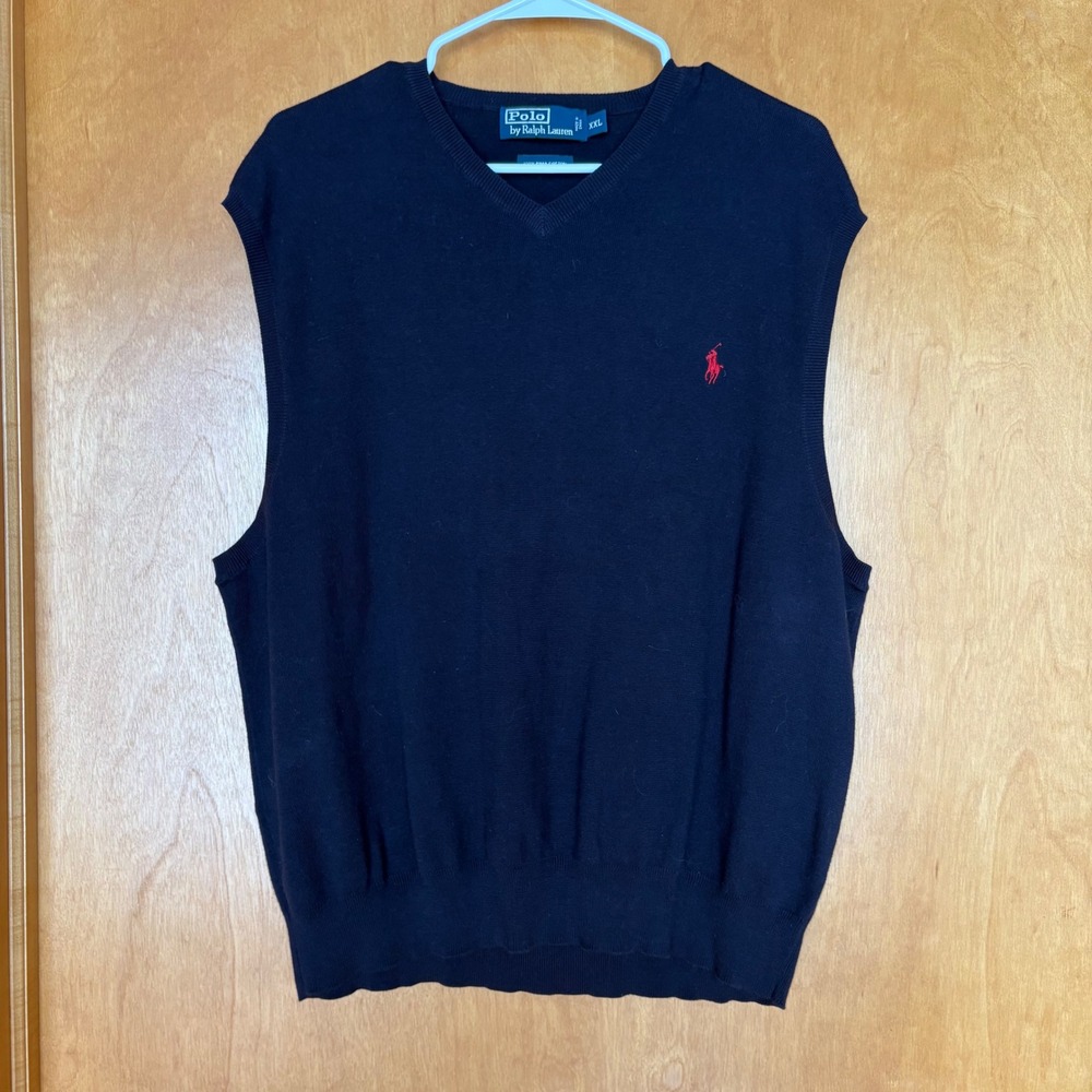 VTG Polo Ralph Lauren Navy Blue‎ Cotton V-Neck Sweater Vest XXL Red Pony Logo